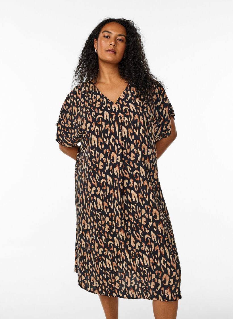 Jurk met V-hals van viscose, Zwart, Model image number 0