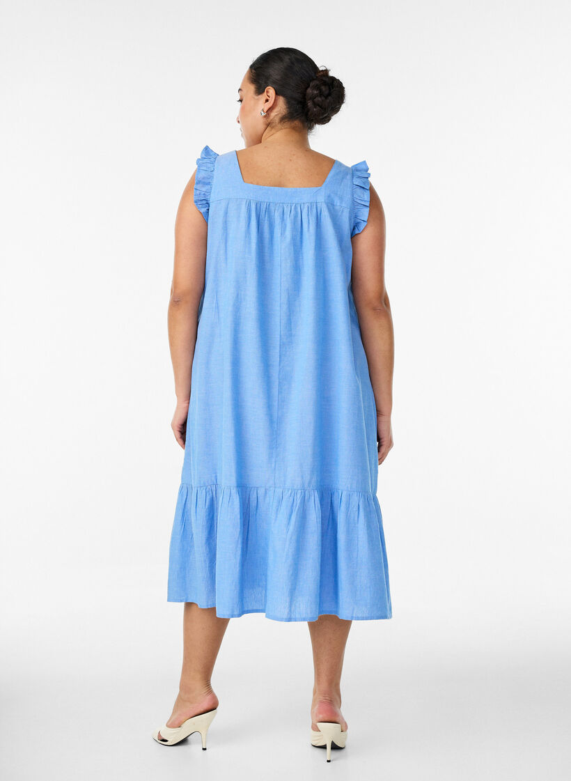Midi-jurk in katoen met ruches, Blauw, Model image number 1