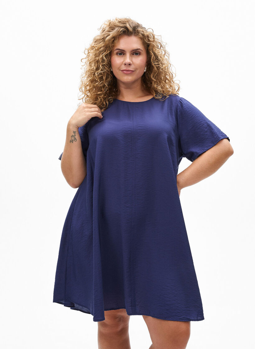 A-lijn viscose jurk met korte mouwen, Blauw, Model image number 0