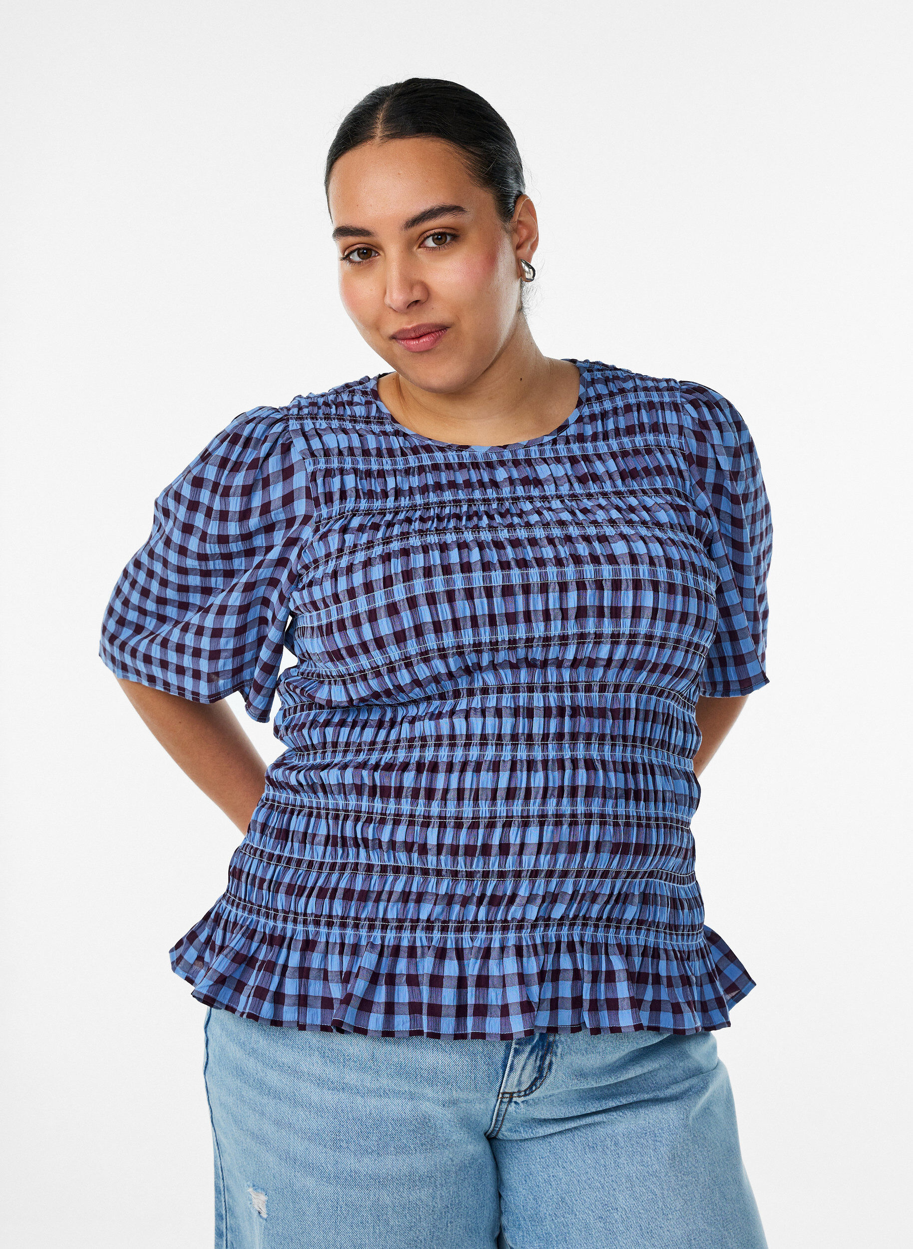 Smockblouse met ginghamruit en rucherand, Blauw, Model