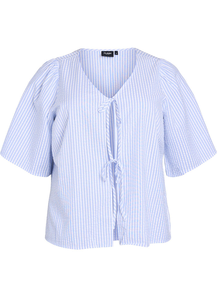 FLASH - Gestreepte blouse met strikken, Blauw, Packshot image number 0
