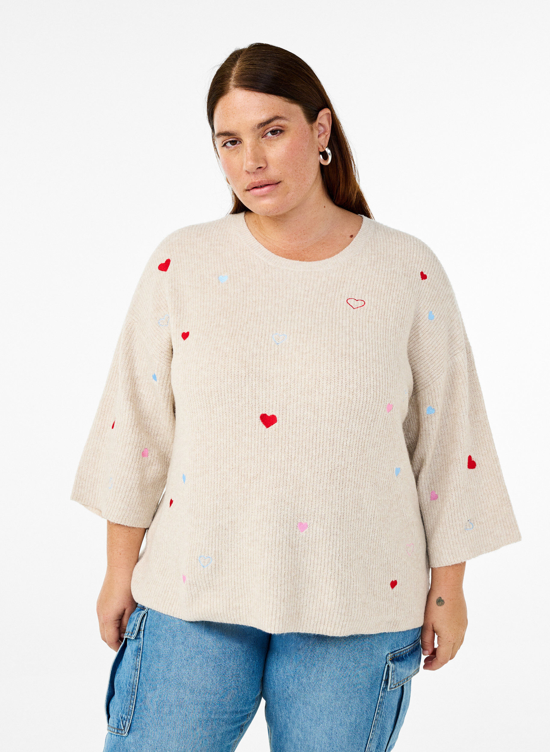 Gebreide blouse met hartjes en 3/4 mouwen, Beige, Model