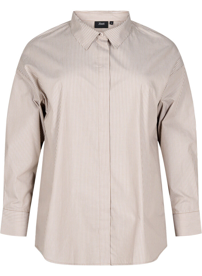 Losse shirt met lange mouwen en strepen, Fossil/White Stripe, Packshot