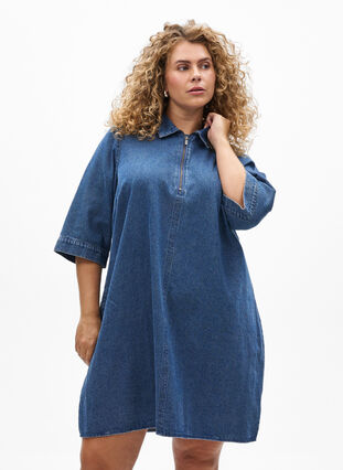 ZizziKorte denimjurk met ritssluiting en 3/4 mouwen, Blue Denim, Model image number 0