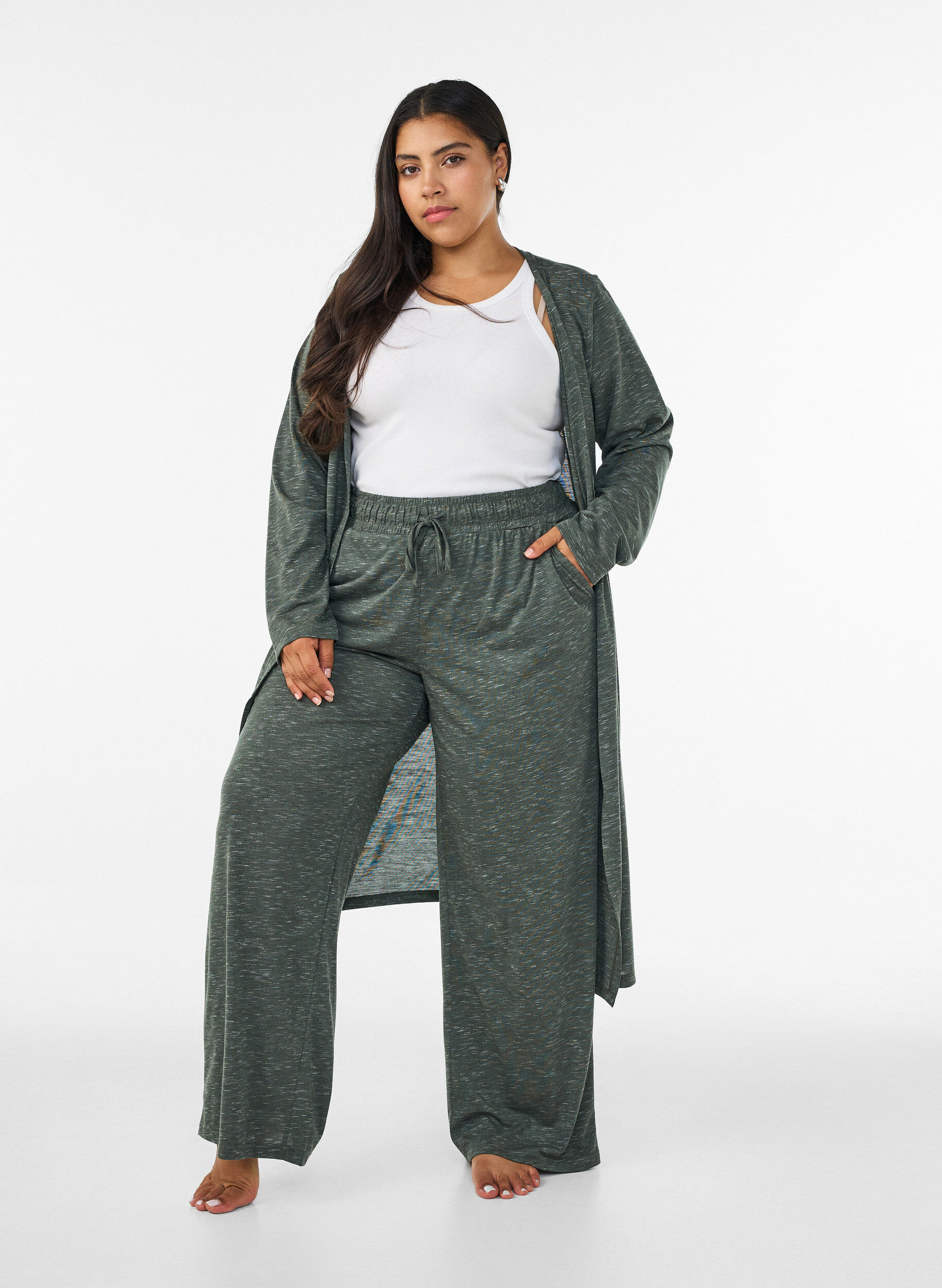 ZizziJersey broek met wijde pijpen en zakken, Groen, Model image number 1
