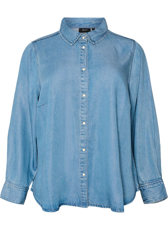 Denim blouse van lyocell met drukknopen, Blauw, Packshot