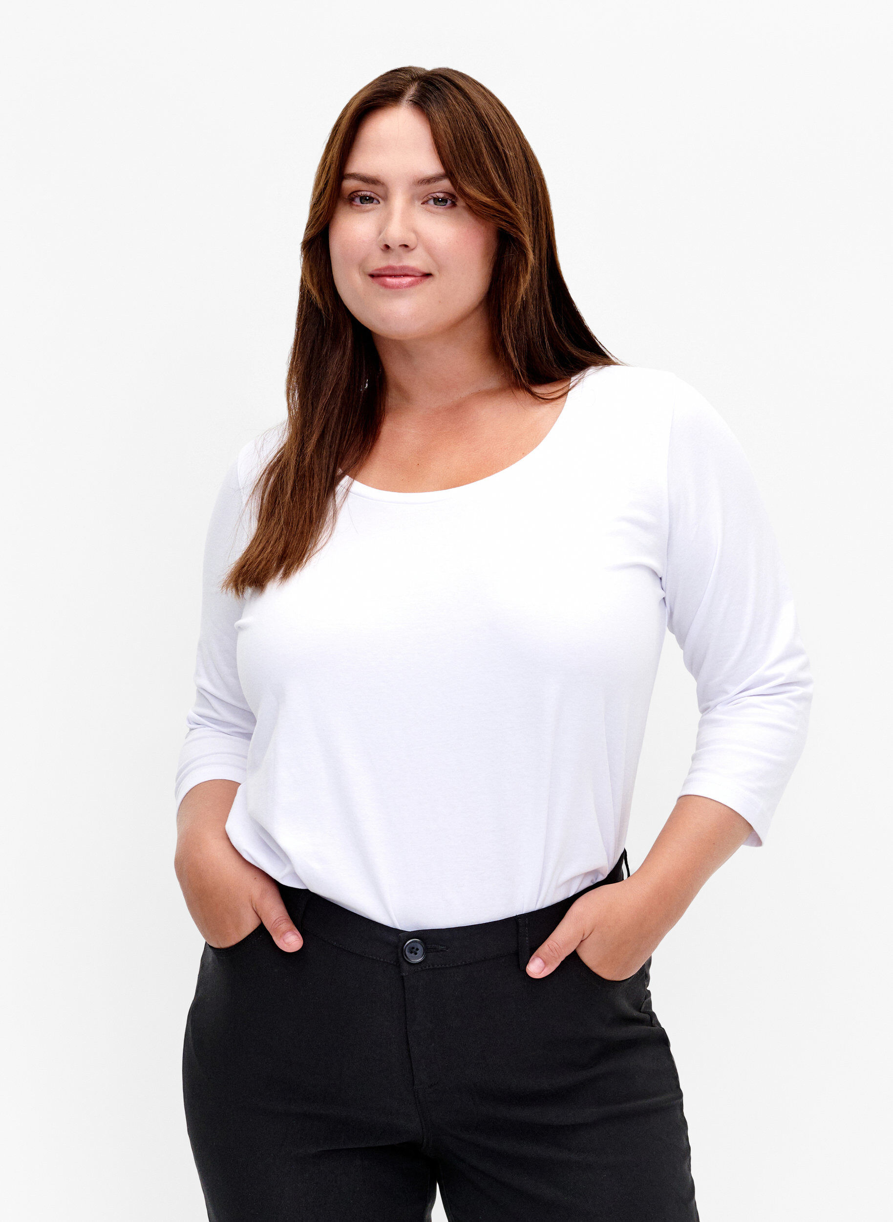 ZizziBasic katoenen t-shirt met 3/4 mouwen, Wit, Model image number 0