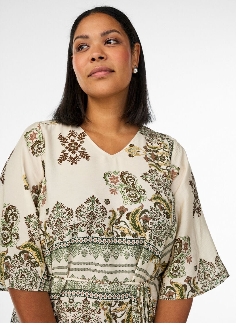 Gedessineerde midi jurk in viscose met strikceintuur, Groen, Model image number 2