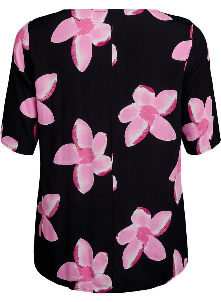 Viscose blouse met korte mouwen met print, Zwart, Packshot image number 1