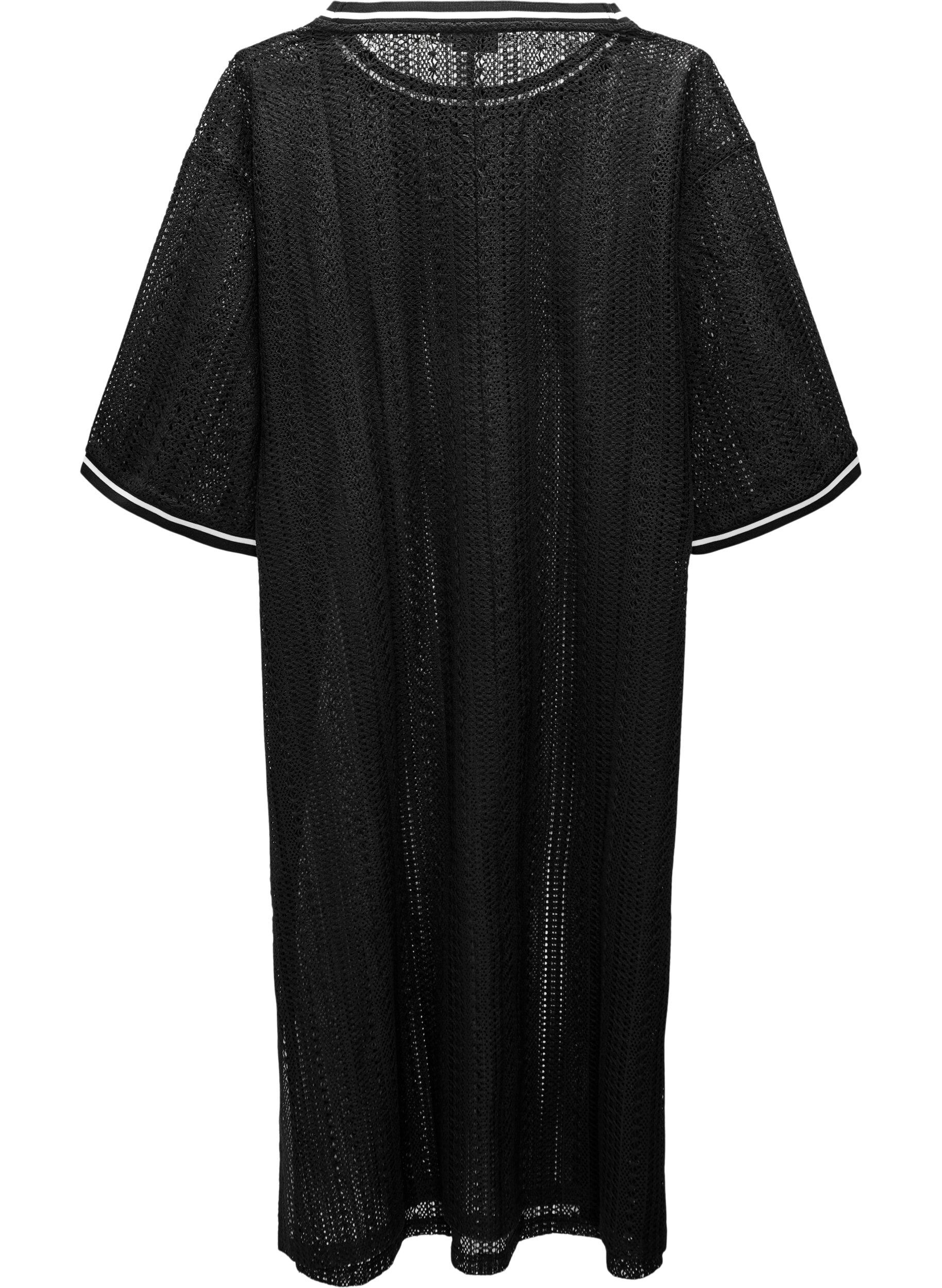 ZizziMidi-jurk met een opengewerkt patroon en korte mouwen, Zwart, Packshot image number 1