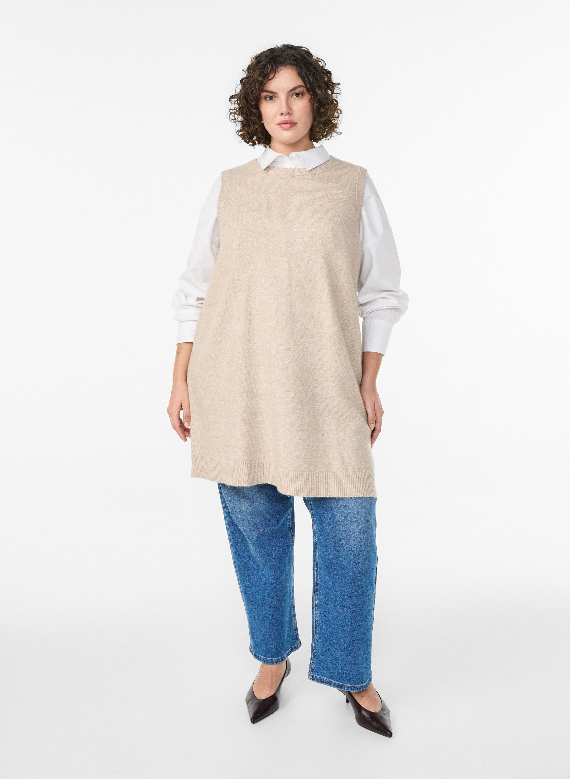 ZizziKorte gebreide jurk zonder mouwen, Beige, Model image number 1