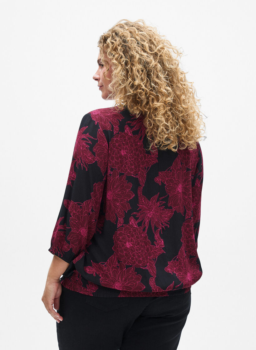 Viscose blouse met bloemenprint en smockwerk, Donker Bordeaux, Model image number 2