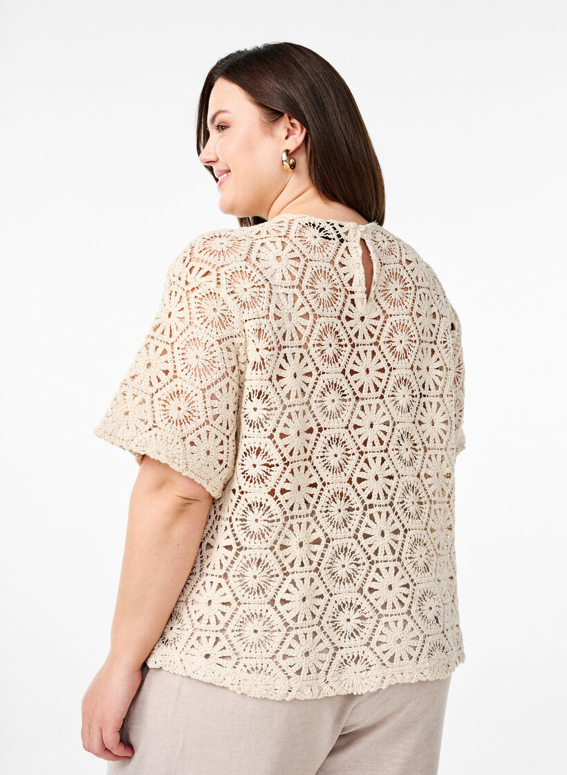 Haakblouse met korte mouwen, Beige, Model image number 2