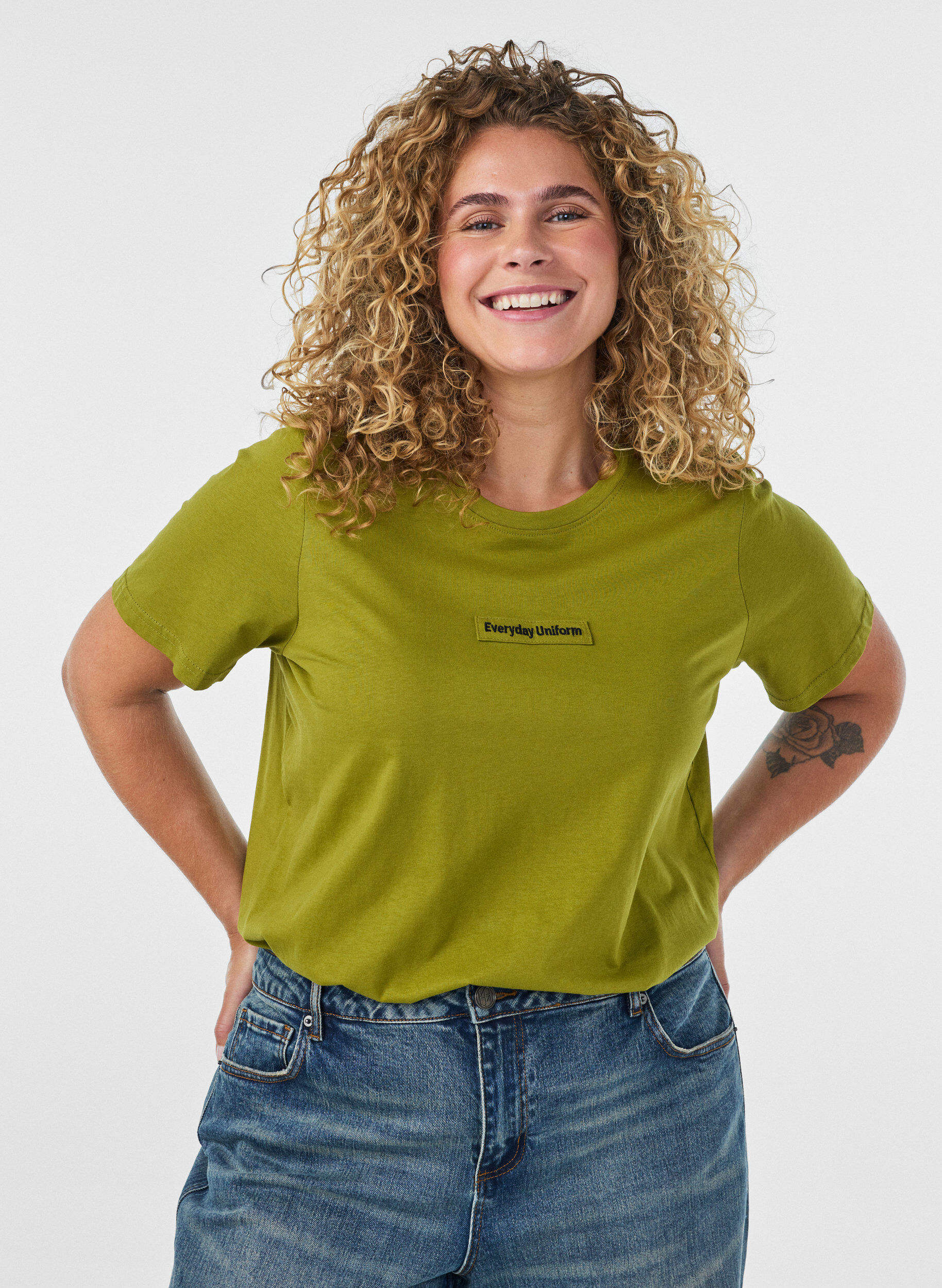 Katoenen T-shirt met tekstbadge, Groen, Model