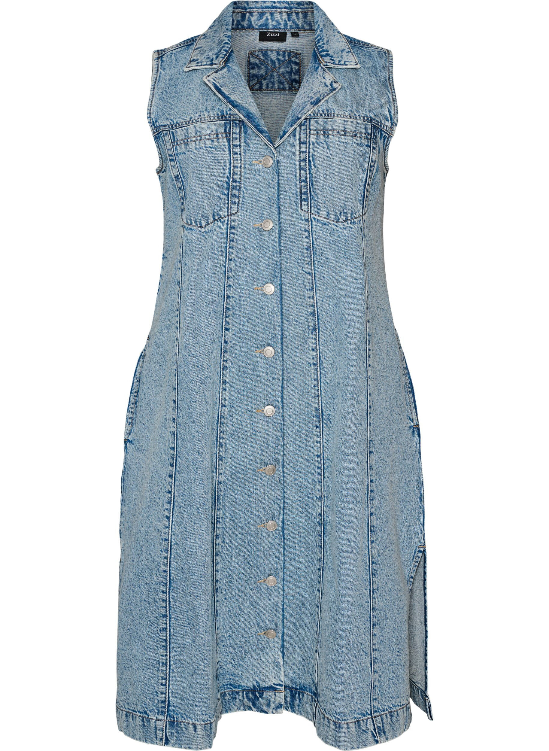 Mouwloze denimjurk met knoopsluiting en splitten