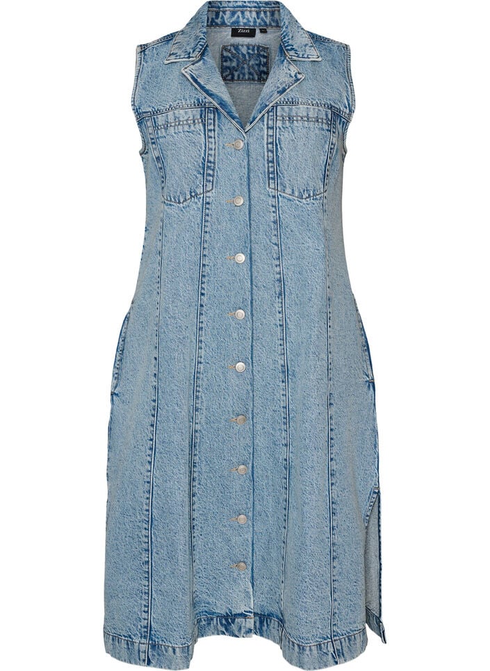 Mouwloze denimjurk met knoopsluiting en splitten, Blauw, Packshot