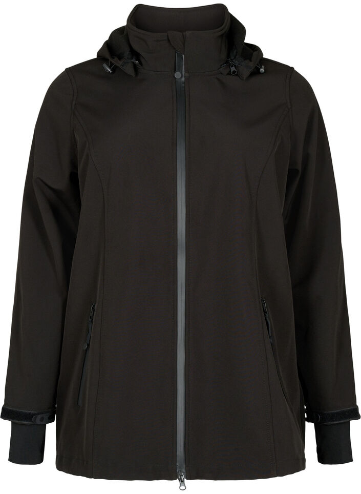 Korte softshell jas met afneembare capuchon, Zwart, Packshot image number 0