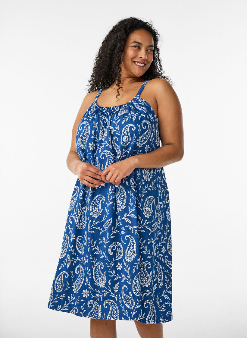 Jurk met middelhoge bandjes van biologisch katoen, Blauw, Model image number 0