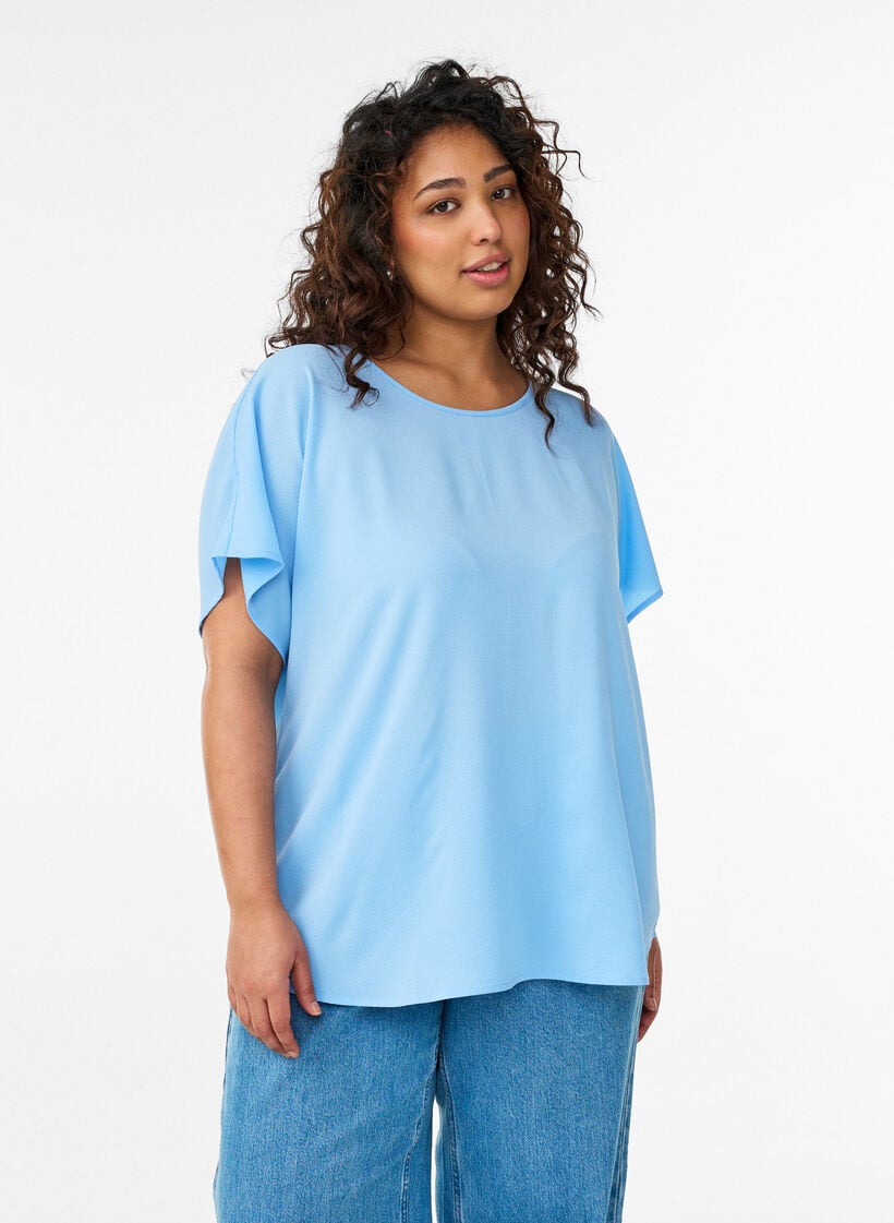 Blouse met korte mouwen en een ronde halslijn, Blauw, Model image number 0