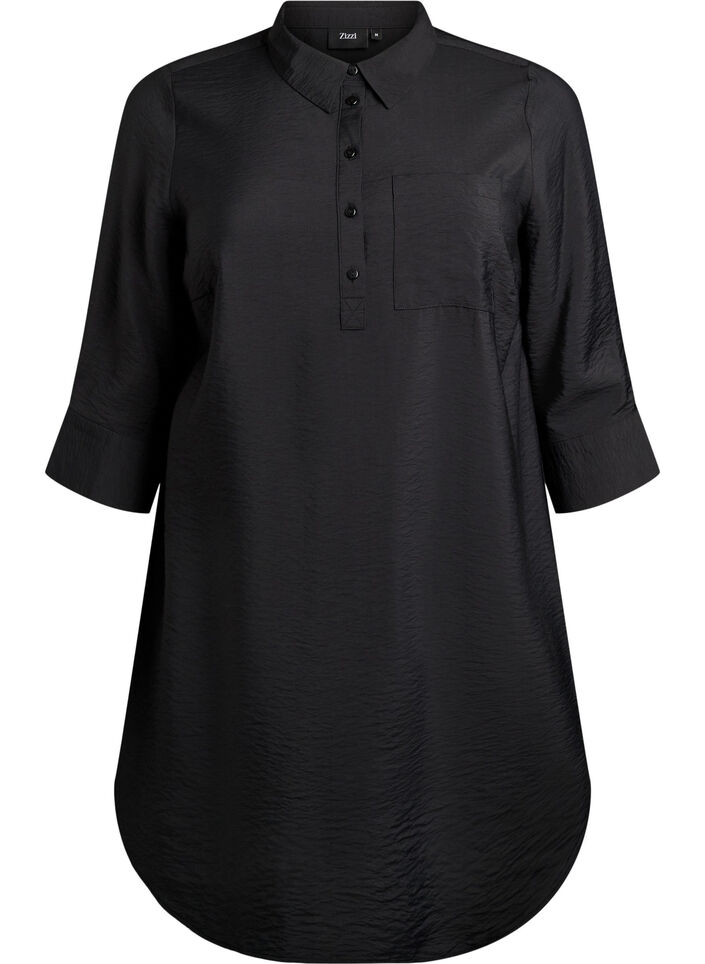 Korte jurk met kraag en borstzak, Zwart, Packshot image number 0