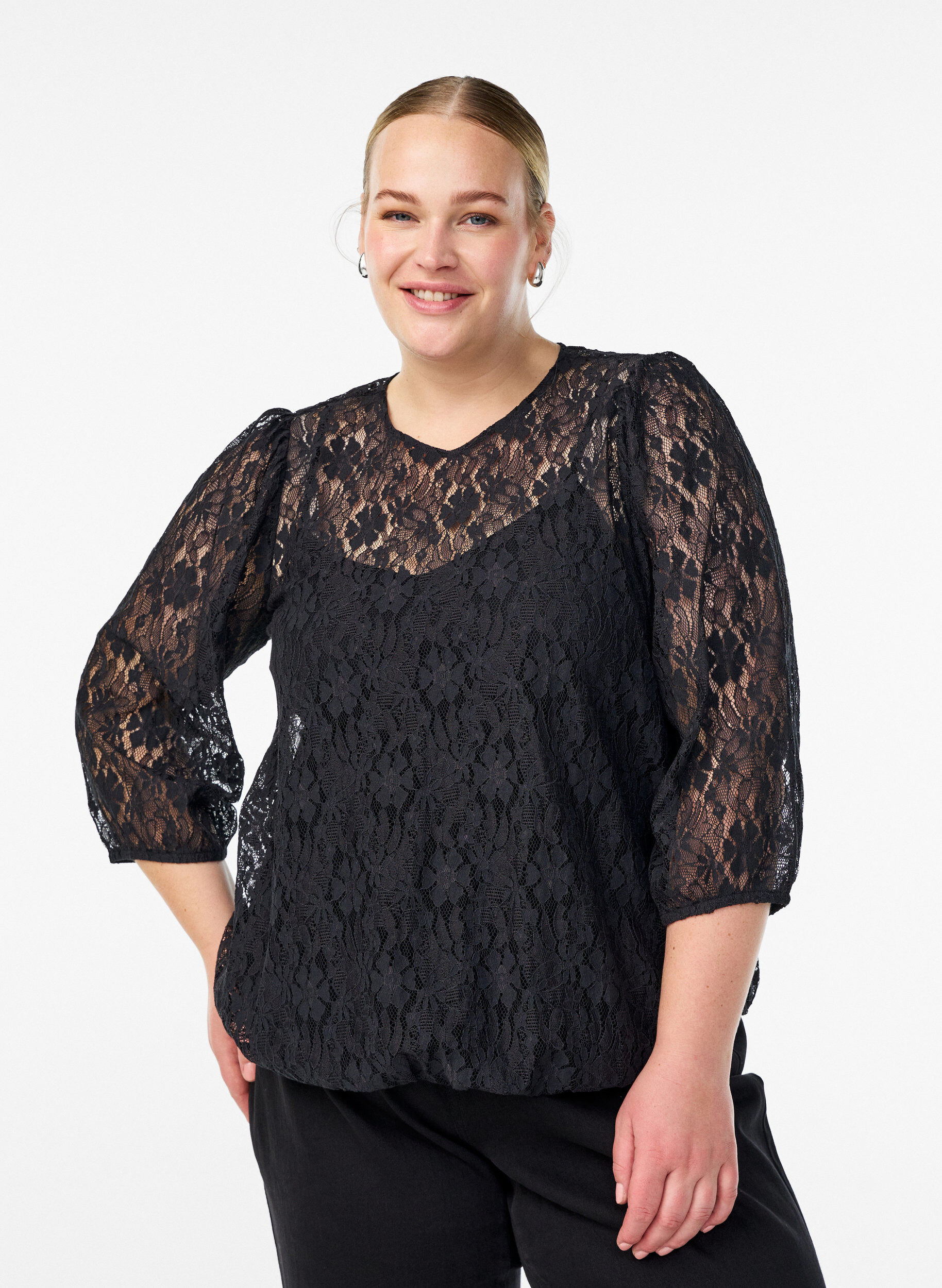 Kantblouse met 3/4 mouwen, Zwart, Model