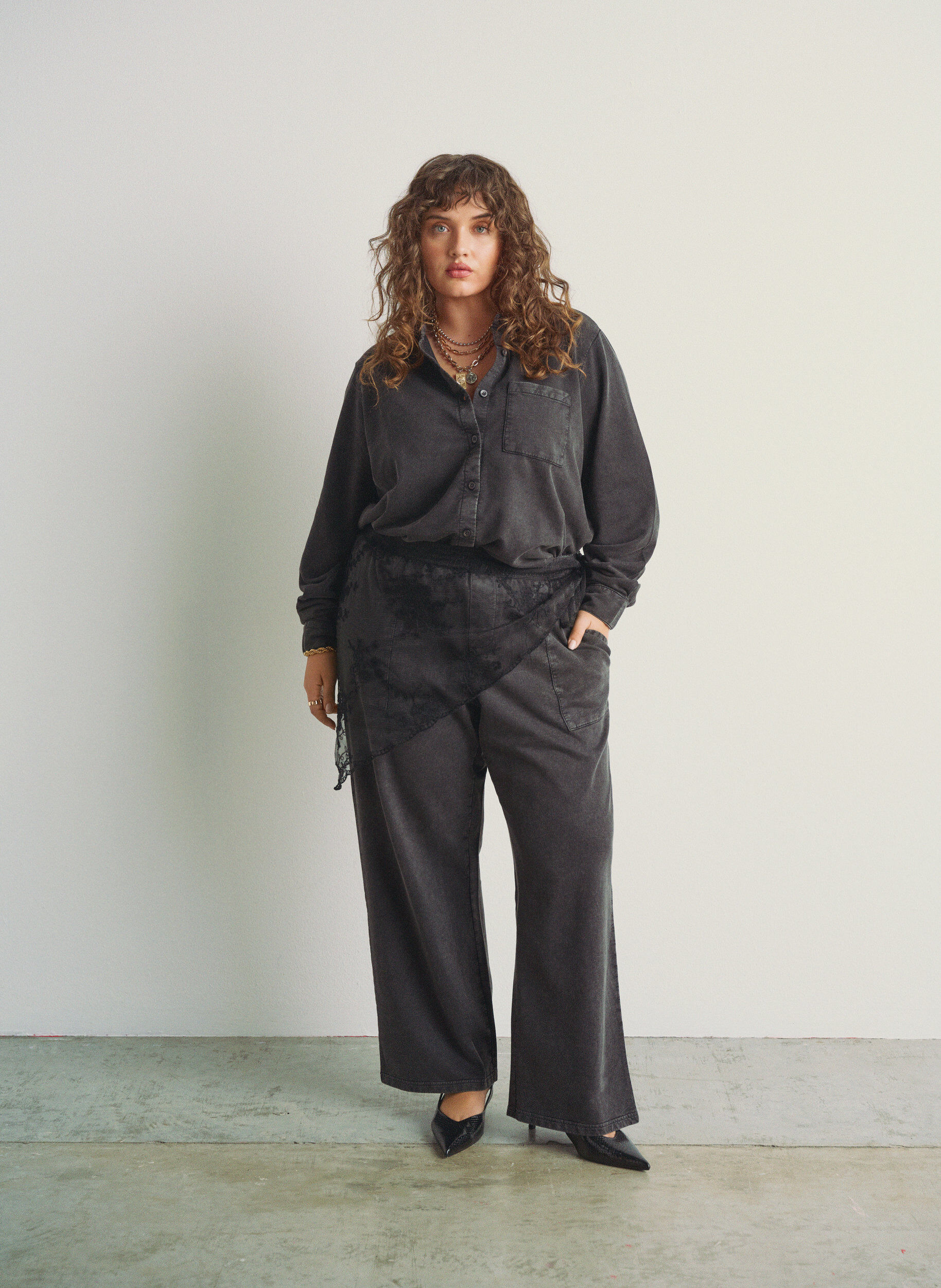 ZizziSweatpants met wijde pijpen en gewassen effect, Grijs, Image image number 0