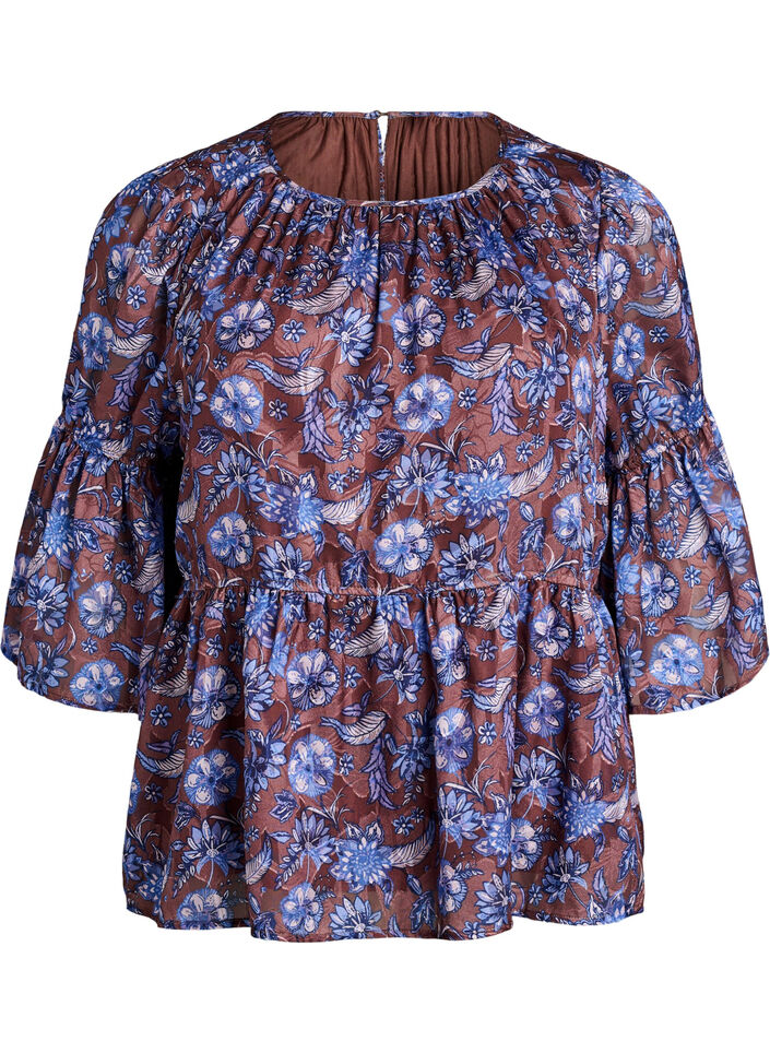 Blouse met bloemenprint en ruches aan de mouwen, Bruin, Packshot image number 0