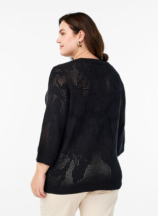 ZizziGebreide blouse met een opengewerkt patroon en 3/4 mouwen, Black, Model image number 1