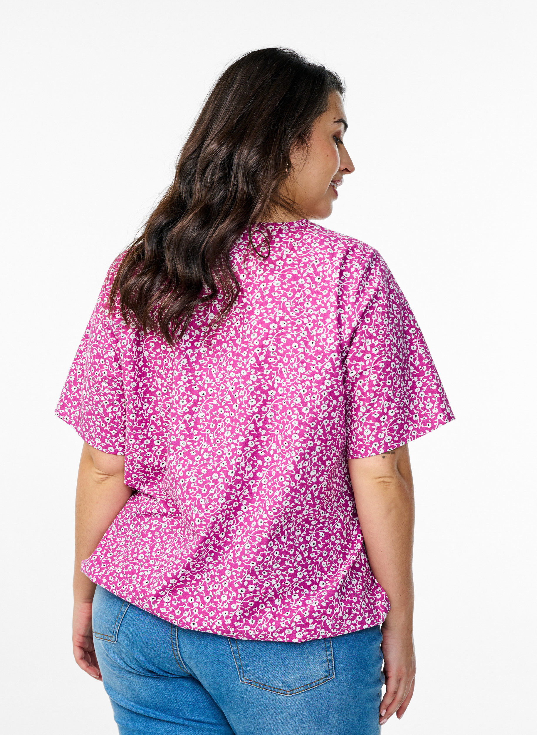 ZizziKatoenen blouse met print en korte mouwen, Paars, Model image number 2