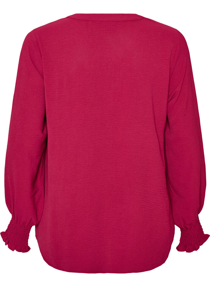 Blouse met smockmanchetten en V-hals, Rood, Packshot image number 1