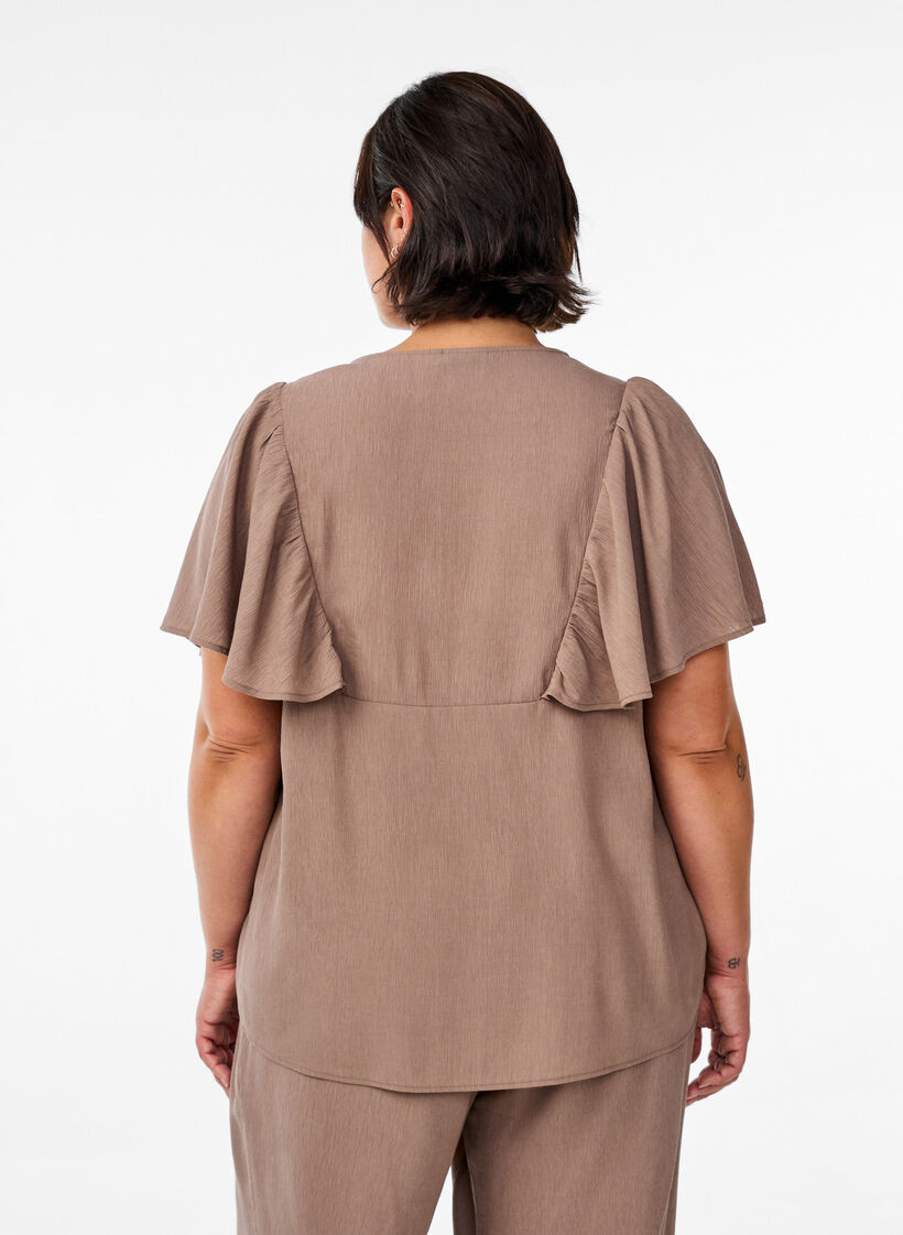 Blouse met korte mouwen met ruches, Bruin, Model image number 2