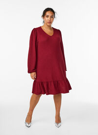 Korte jurk met een ruffle zoom en structuur, Donker Bordeaux Korte jurk met een ruffle zoom en structuur, Donker Bordeaux, Model