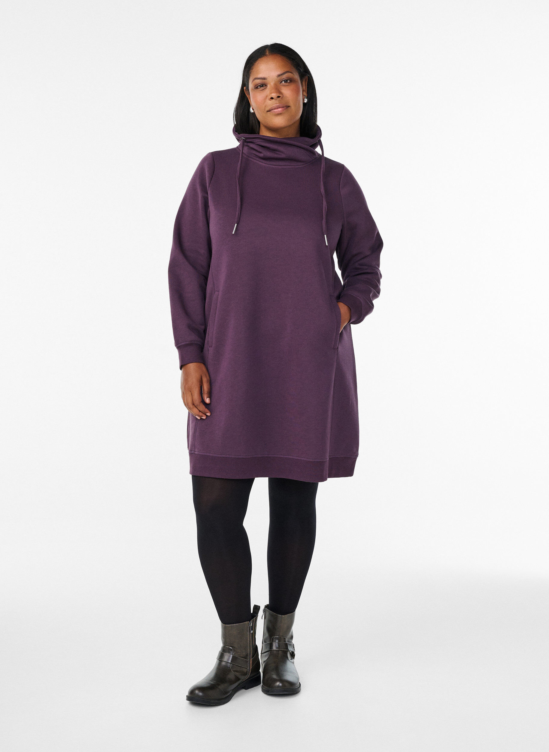 ZizziKort sweatshirt jurk met hoge kraag en zakken, Paars, Model image number 1