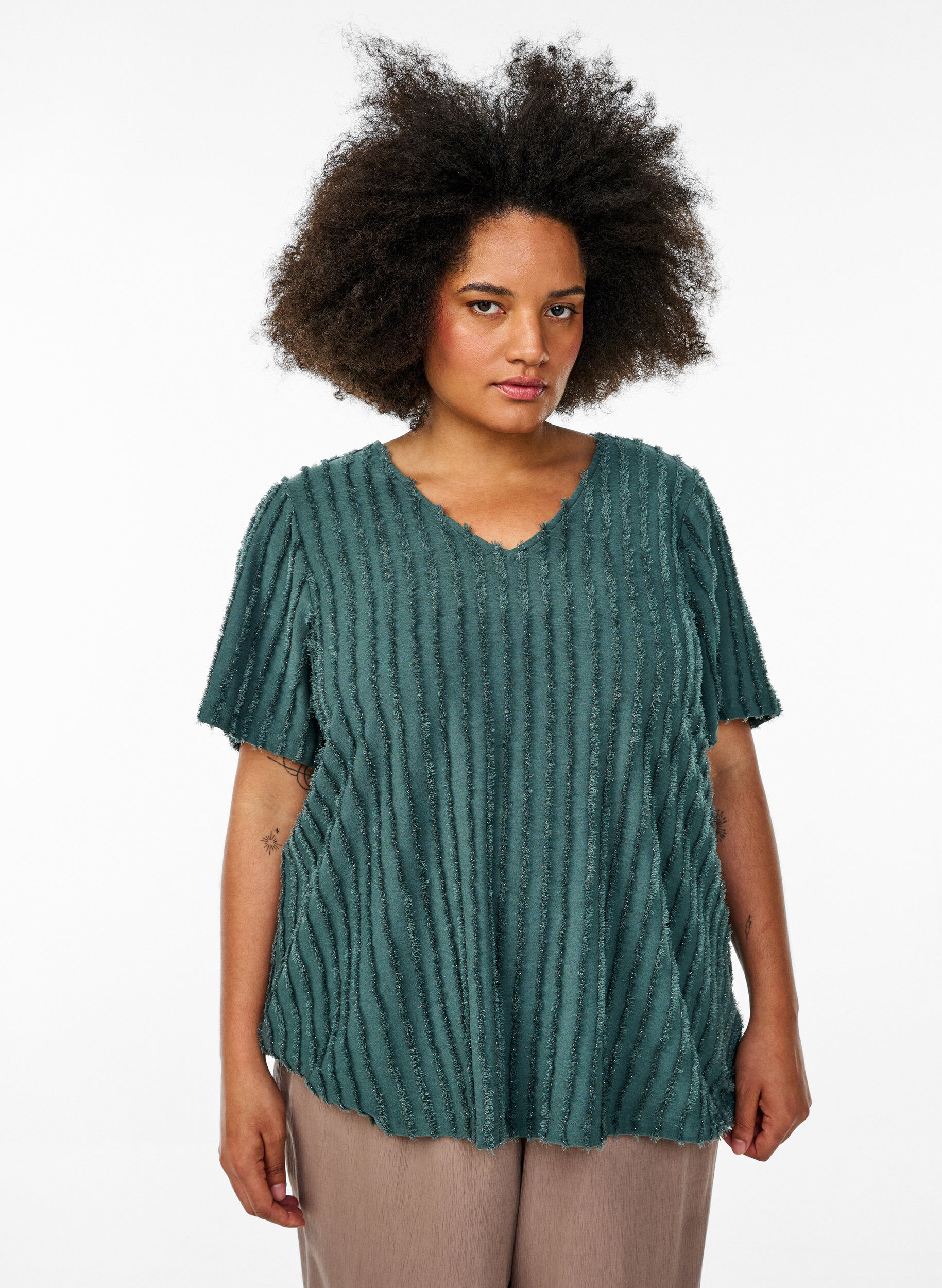 Blouse met korte mouwen en strepentextuur, Groen, Model