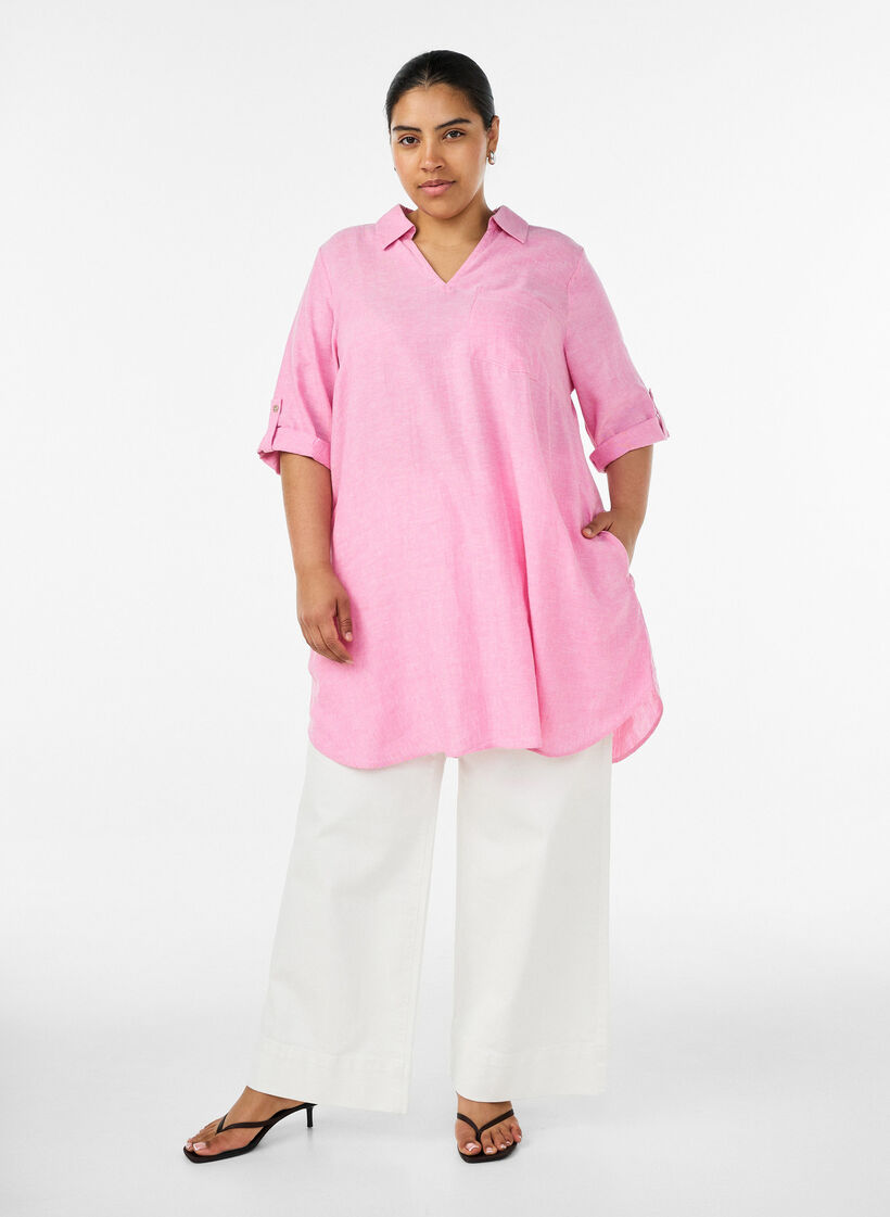 Tuniek van linnen en viscose met A-vorm, Roze, Model image number 1