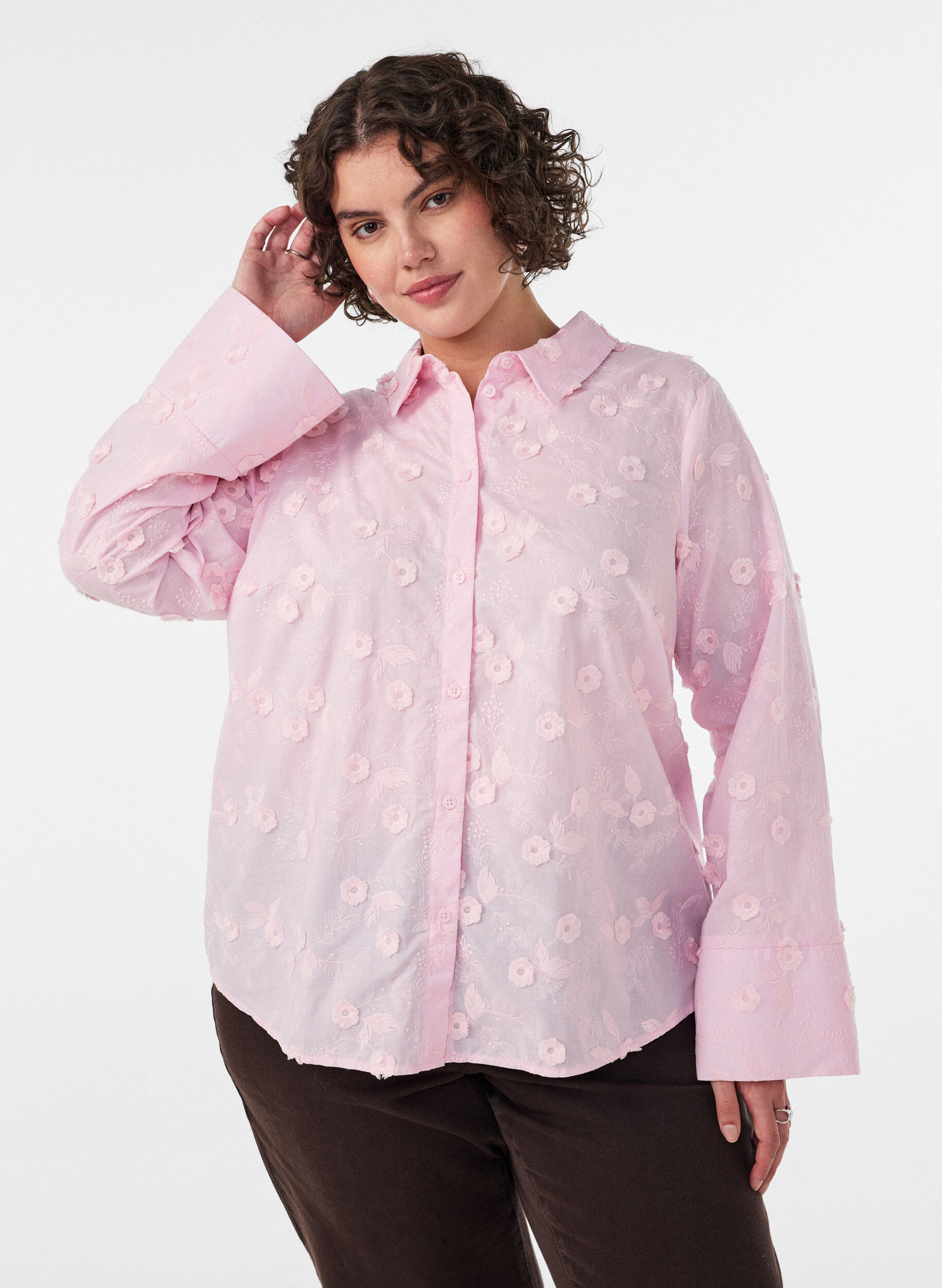 Shirt met bloemenborduursel en wijde mouwen, Roze, Model