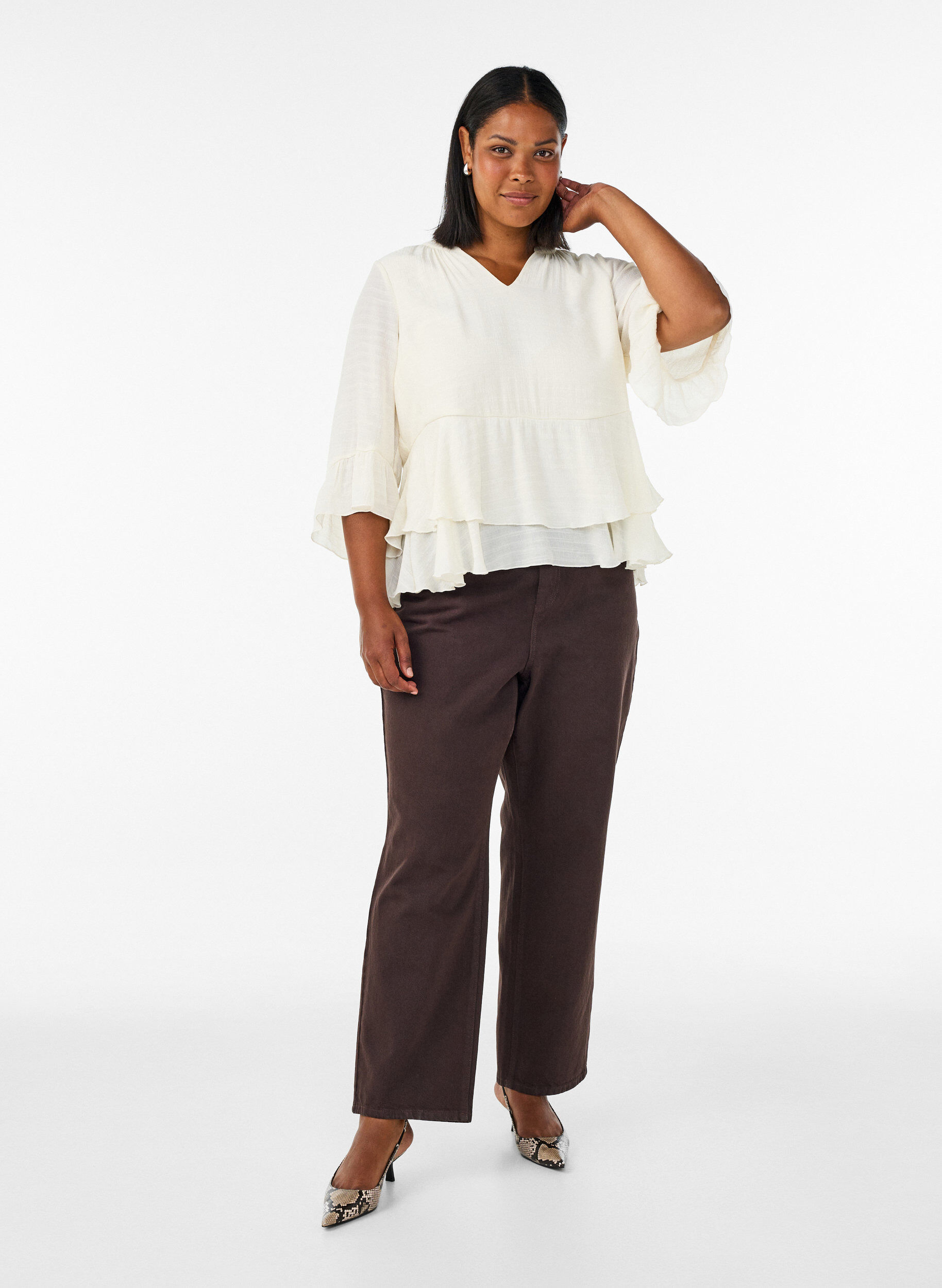 ZizziBlouse met 3/4-mouwen en ruchesdetails, Vanille, Model image number 1