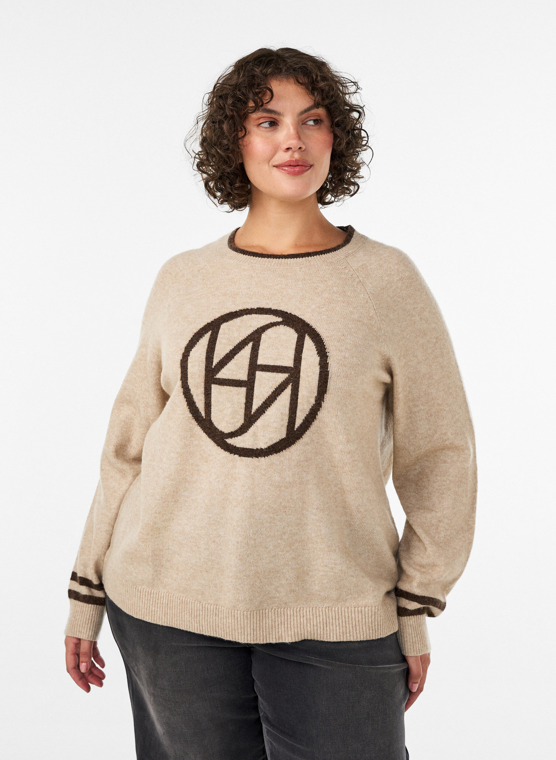 Trui met logo en contrasterende strepen, Beige, Model