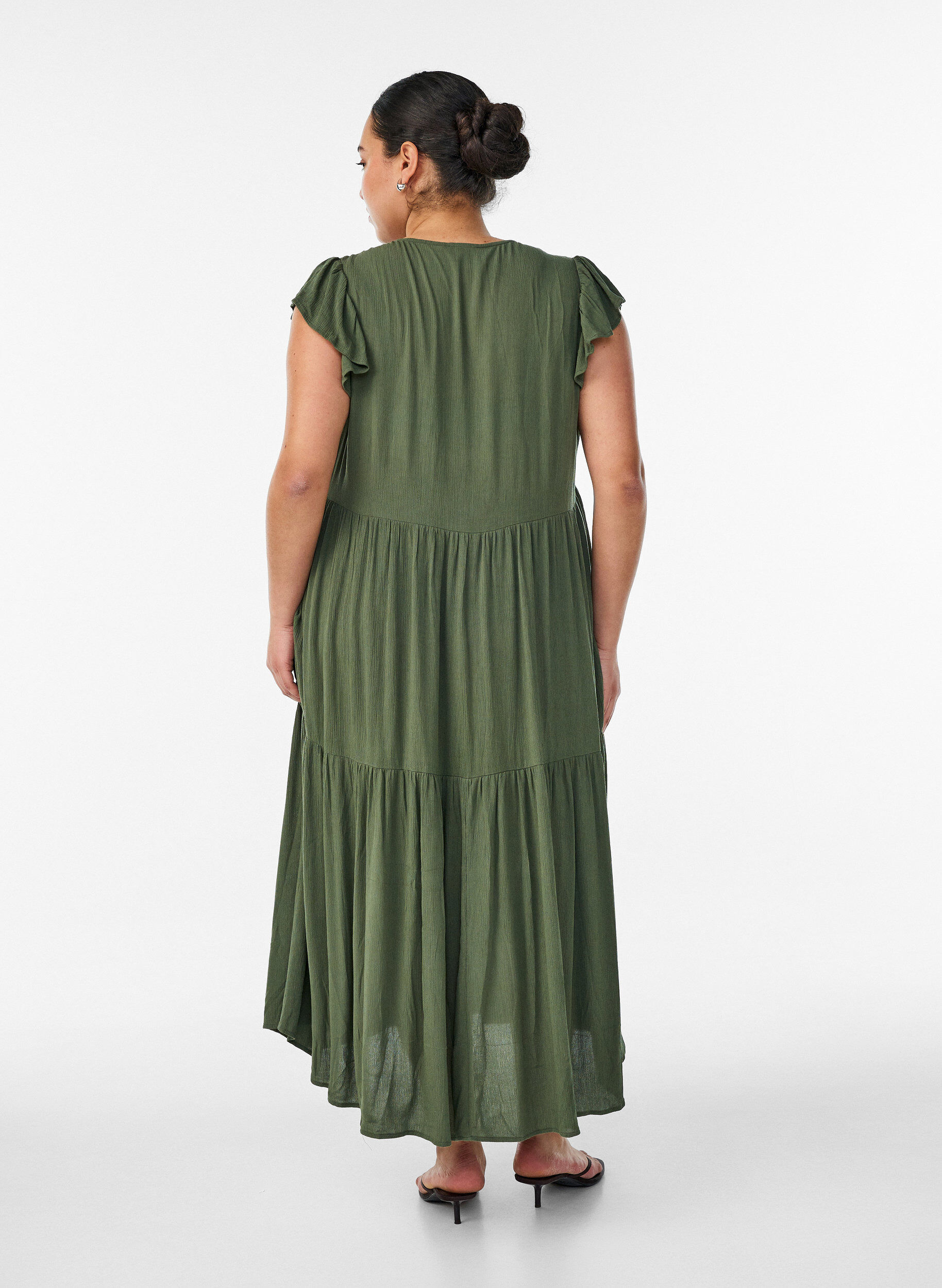 ZizziMidi jurk van viscose met ruches mouwen, Groen, Model image number 2