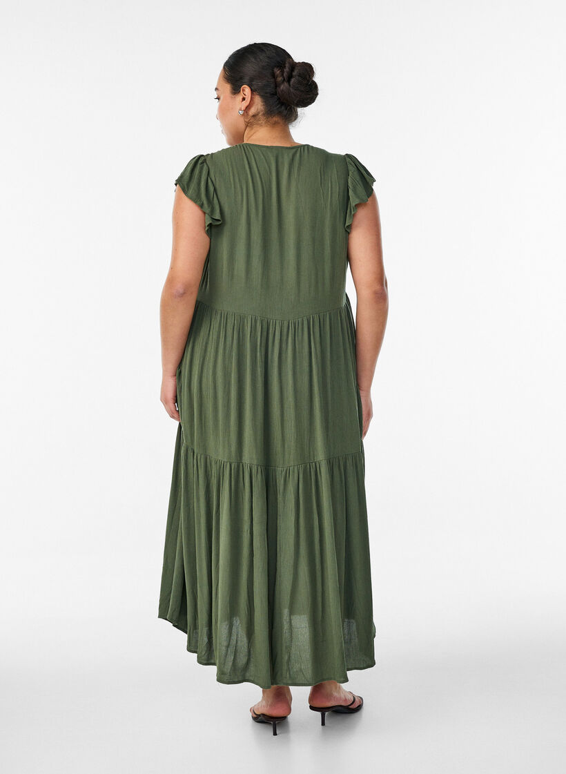 Midi jurk van viscose met ruches mouwen, Groen, Model