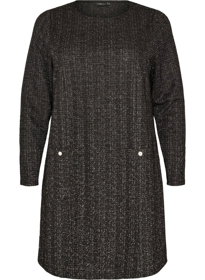 Korte jurk met een boucl&eacute;textuur en glitterdraden, Zwart, Packshot image number 0