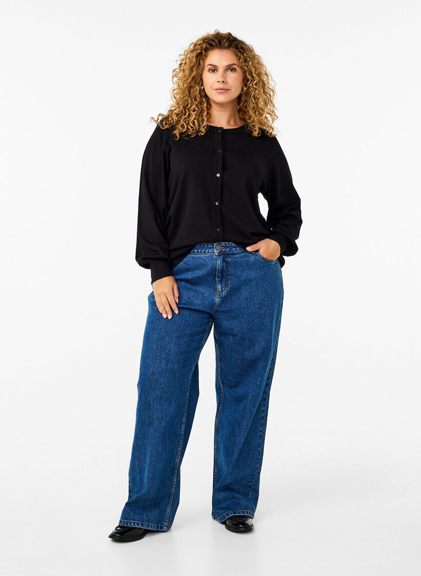 Cardigan en tricot avec col rond et boutons, Noir, Model image number 1