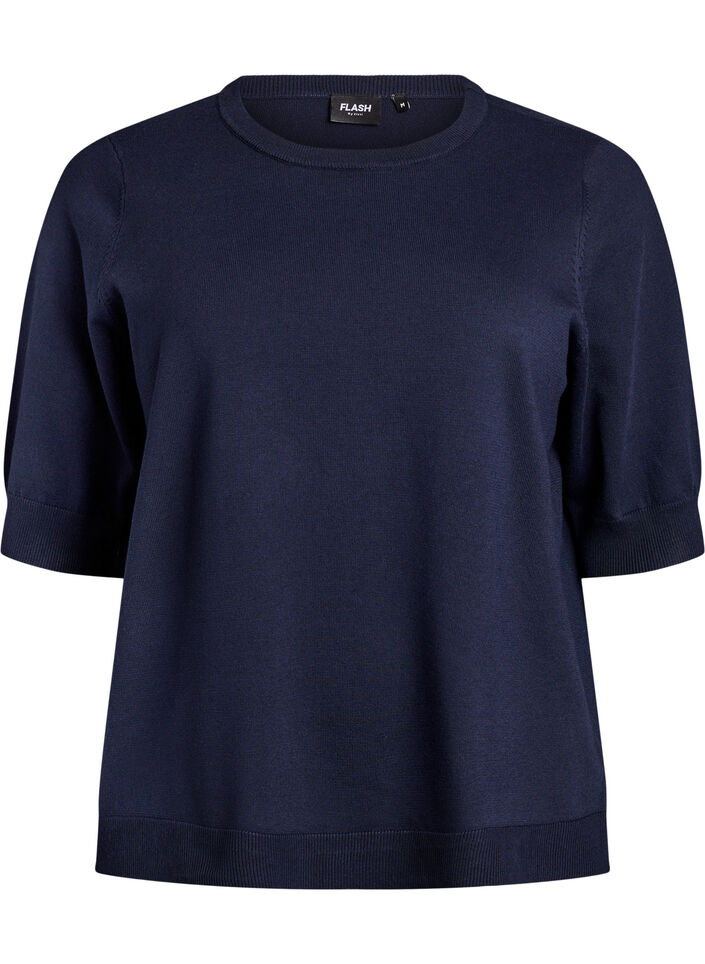 Fijngebreide blouse met korte mouwen, Blauw, Packshot image number 0