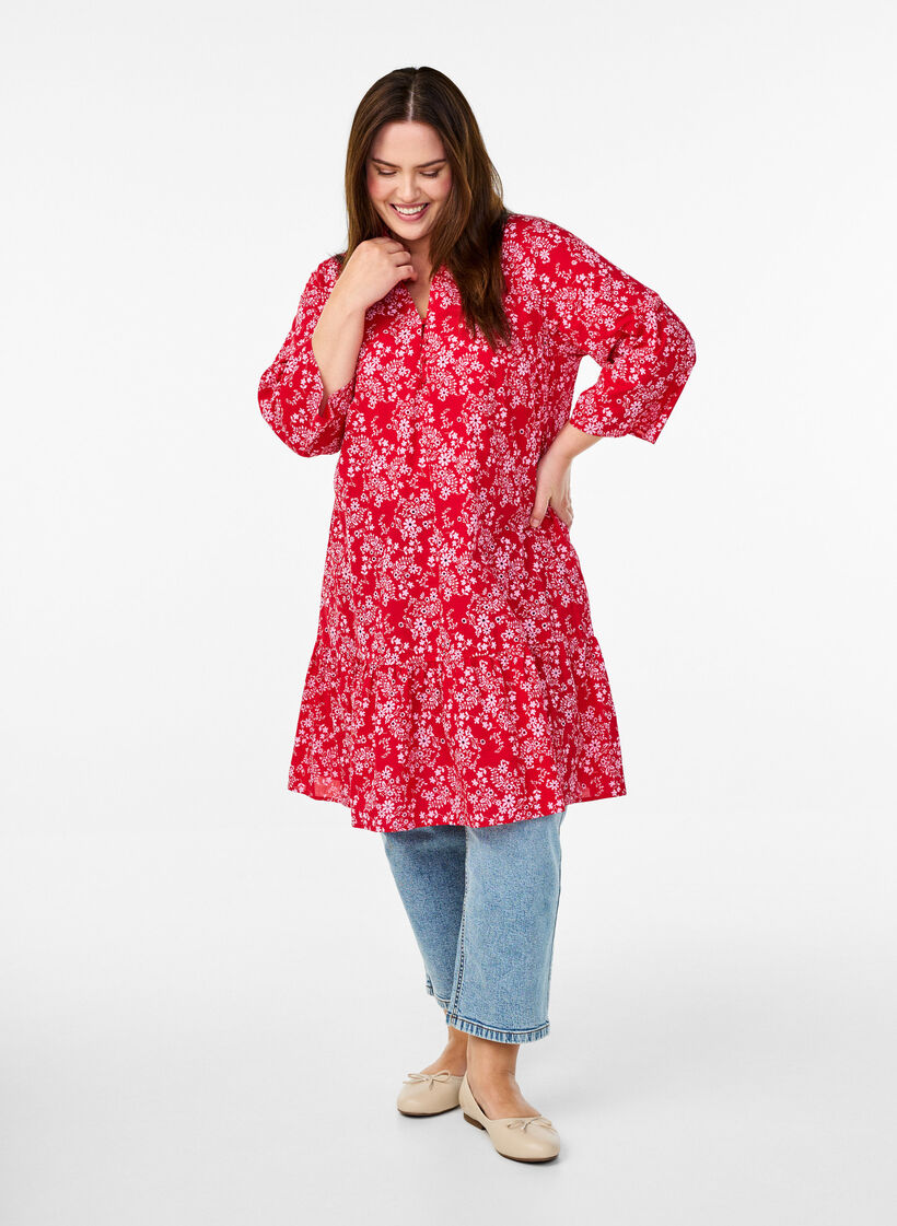 Knie-lange jurk met bloemenprint en 3/4 mouwen, Salsa AOP, Model