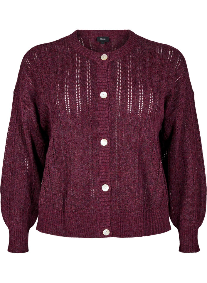 Gebreide cardigan met opengewerkt patroon, Donker Bordeaux, Packshot image number 0