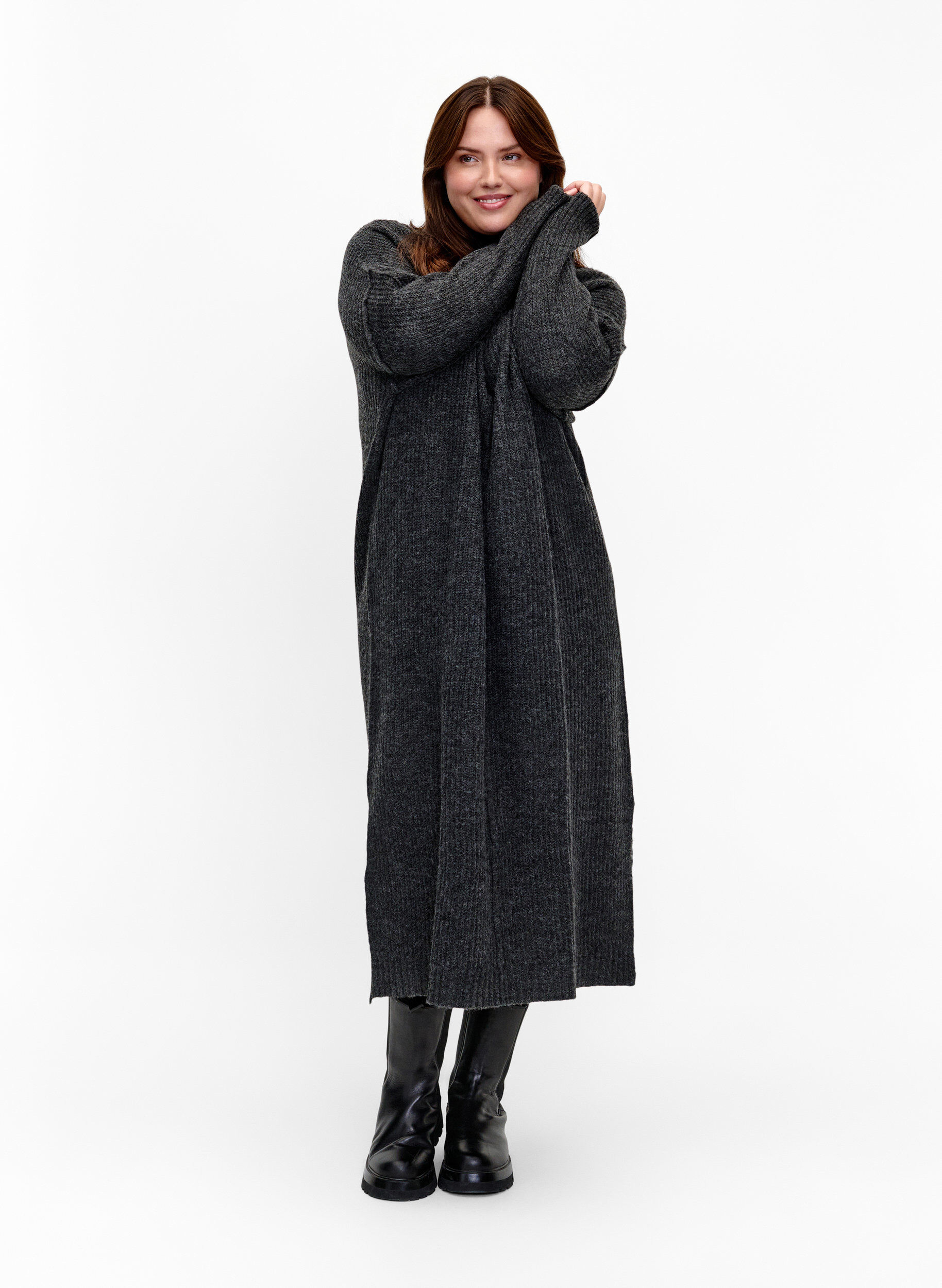 ZizziLange oversized gebreide jurk met split, Grijs, Model image number 0
