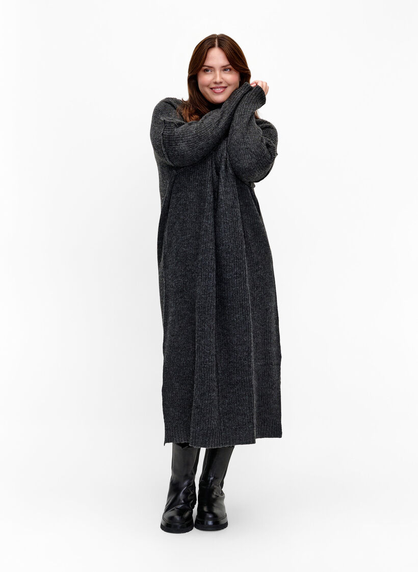 Lange oversized gebreide jurk met split, Grijs, Model image number 0