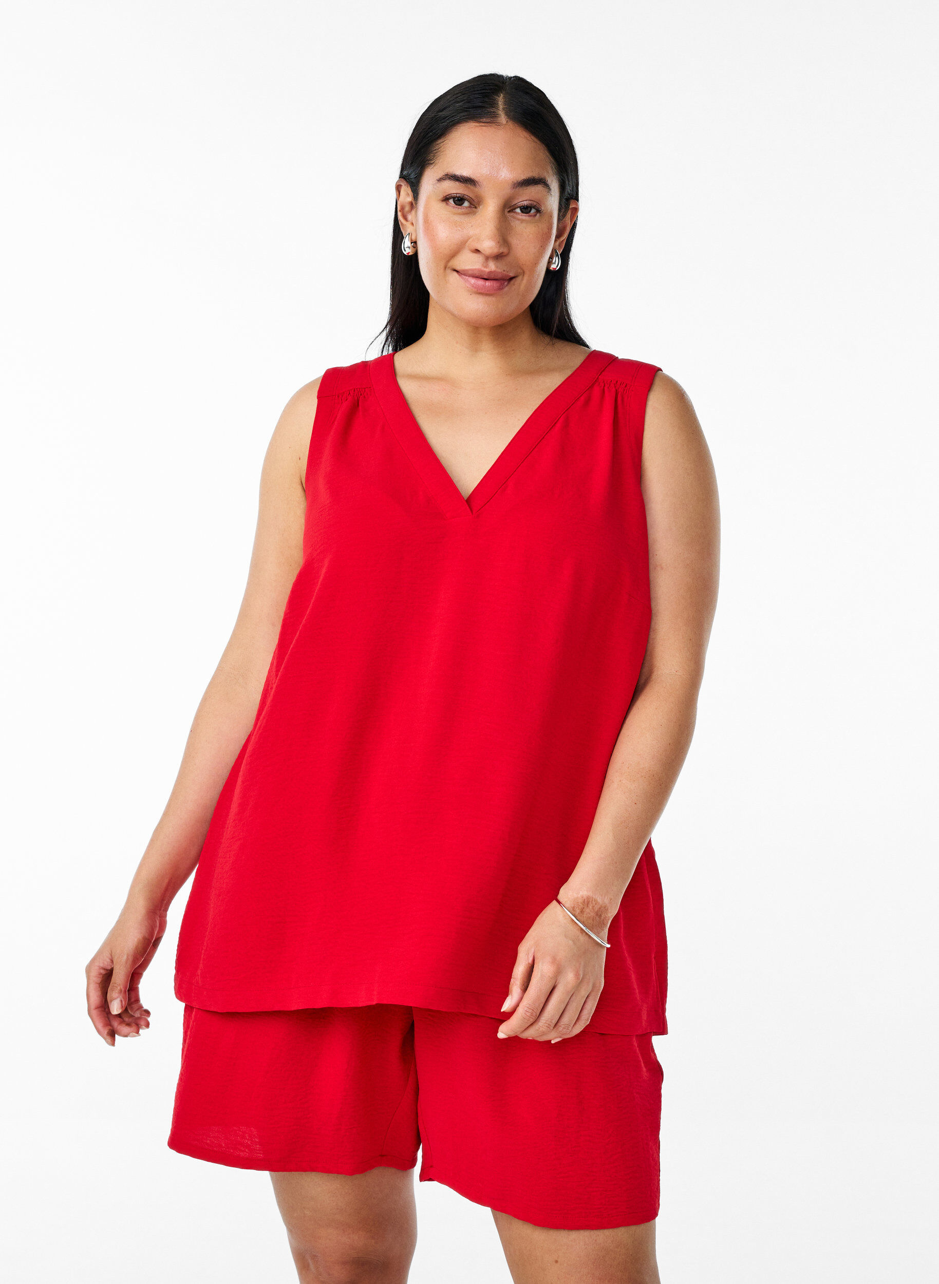 ZizziMouwloze top met kreukeffecten, Rood, Model image number 0