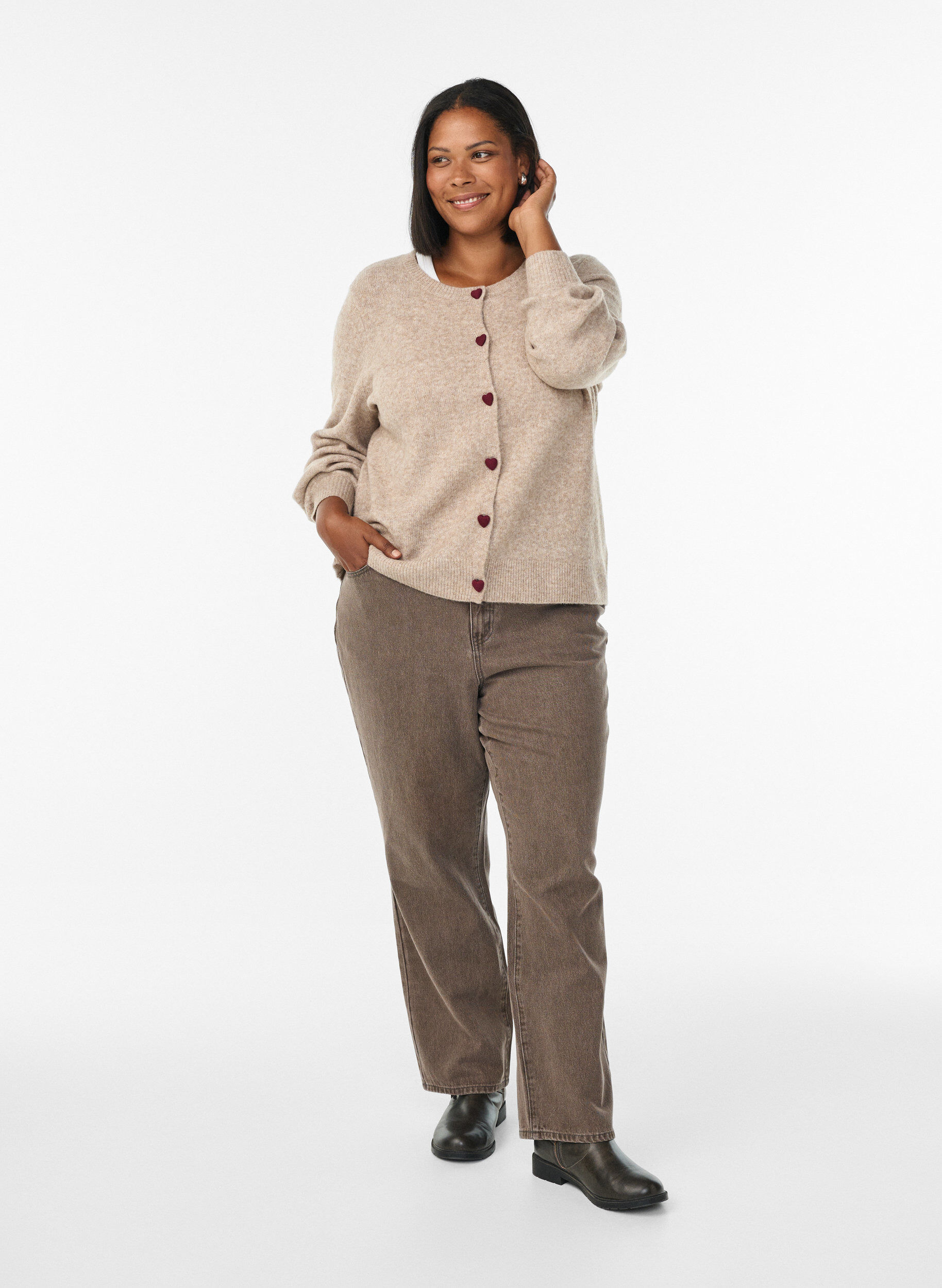 ZizziCardigan met hartvormige knopen, Beige, Model image number 1