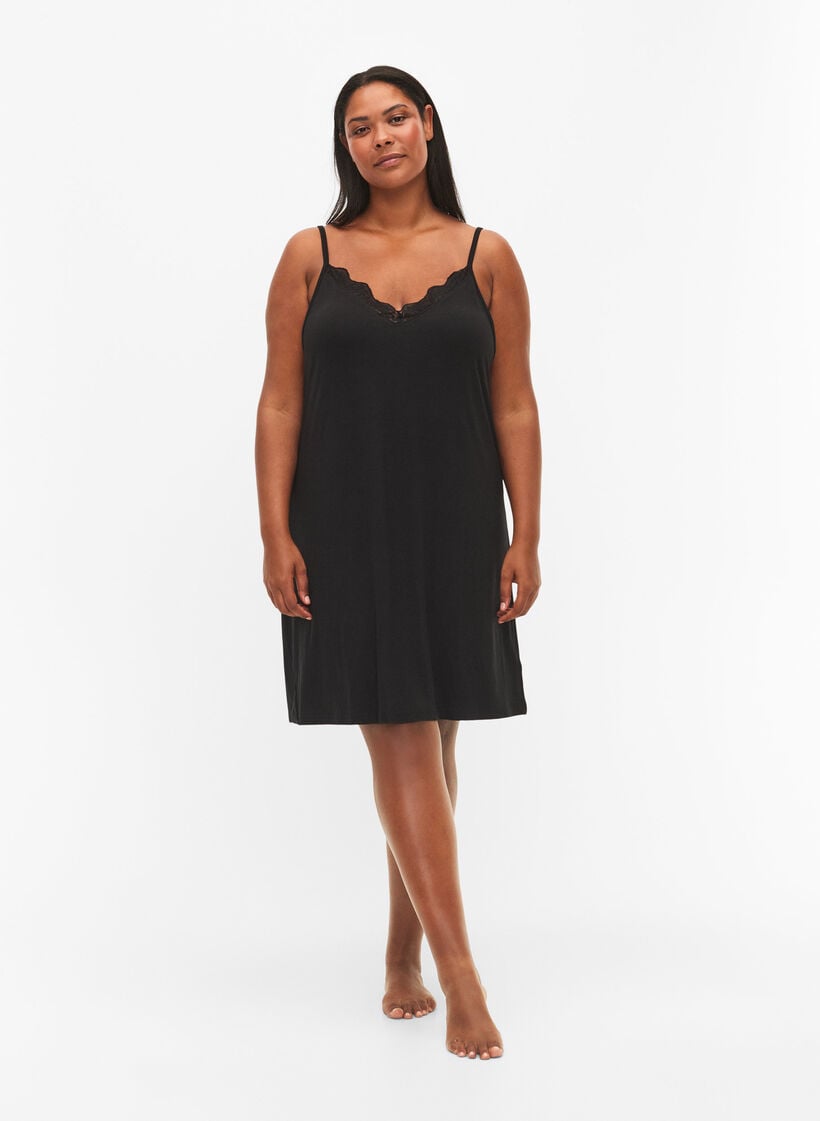 Pyjama jurk met kanten rand in viscose, Zwart, Model image number 1
